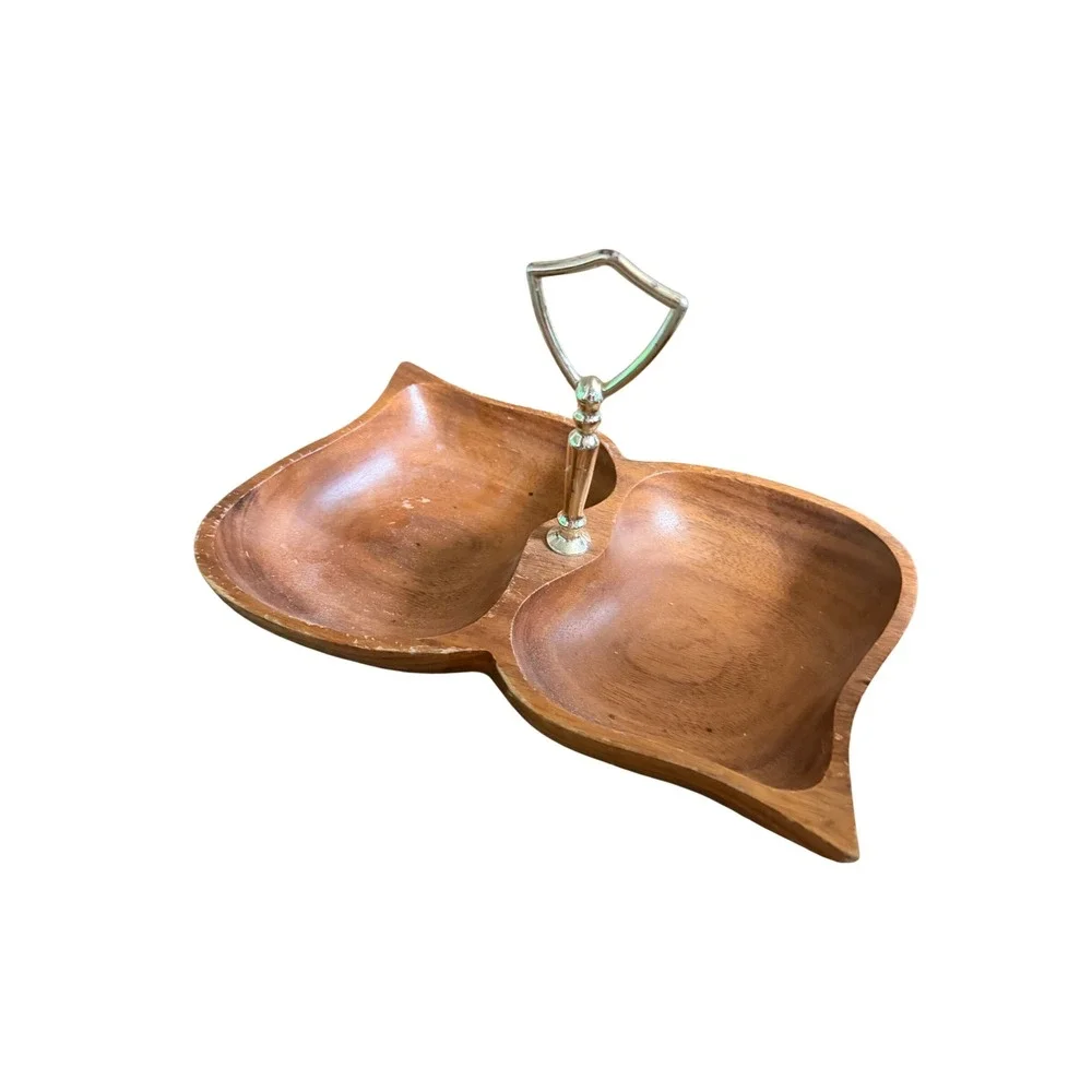 Vintage Wooden Leaf Double Serving Tray with Gold Handle Divided Snack Dish
